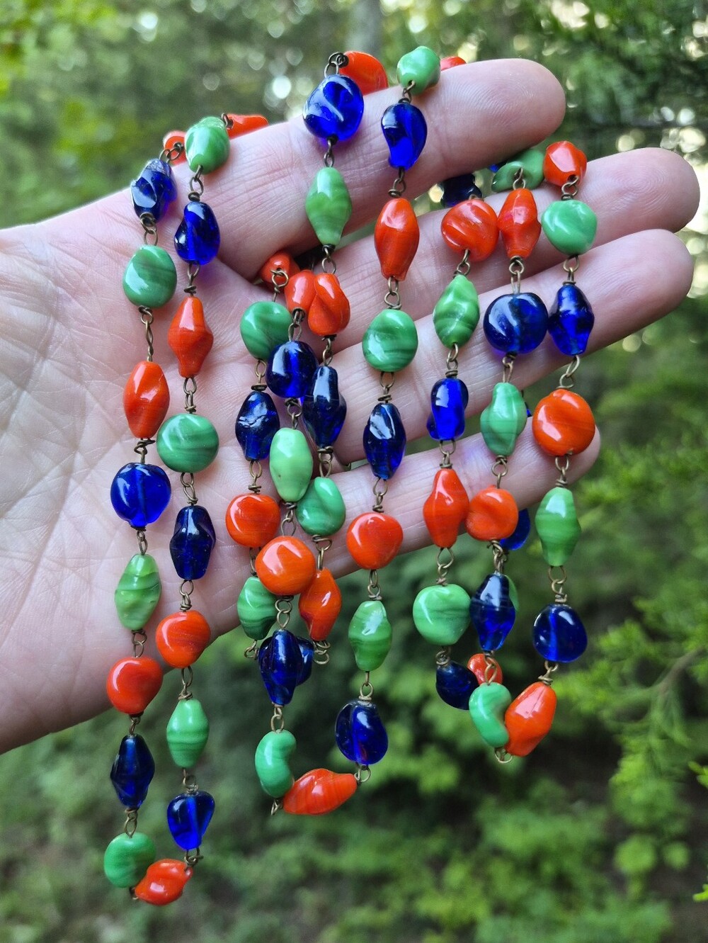 Art Deco Green Orange Cobalt Blue 52" Bohemian Czech Glass Bead Strand Necklace